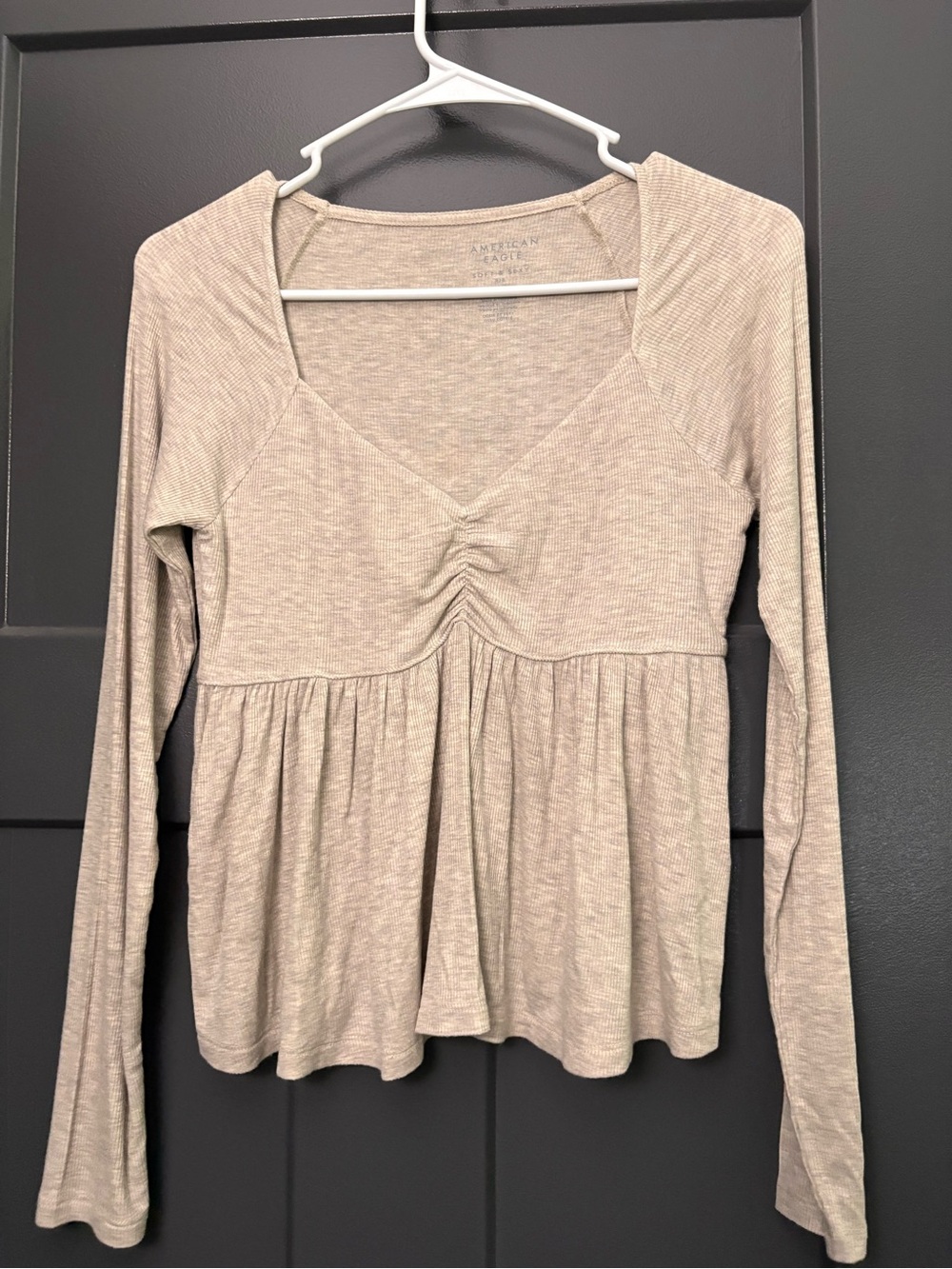 American Eagle Outfitters Beige Long Sleeve Ruched Peplum Crop Top